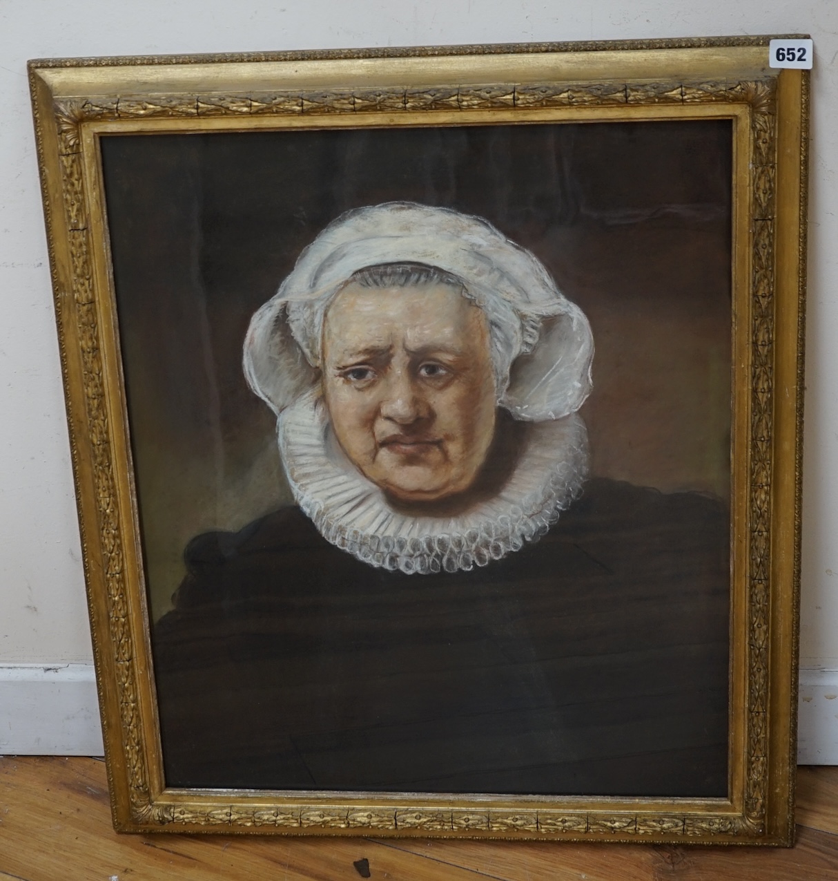After Rembrandt (Dutch, 1606-1669), pastel, Portrait of an elderly woman wearing a ruff, unsigned, 58 x 48cm. Condition - fair